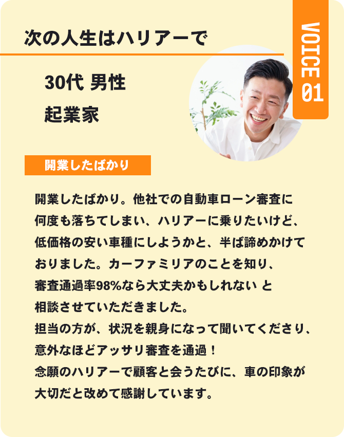 voice2 信用回復ローン/車購入したいが審査通らない与信情報の悪い方も理想の車に乗れる!カーファミリア|FRONT