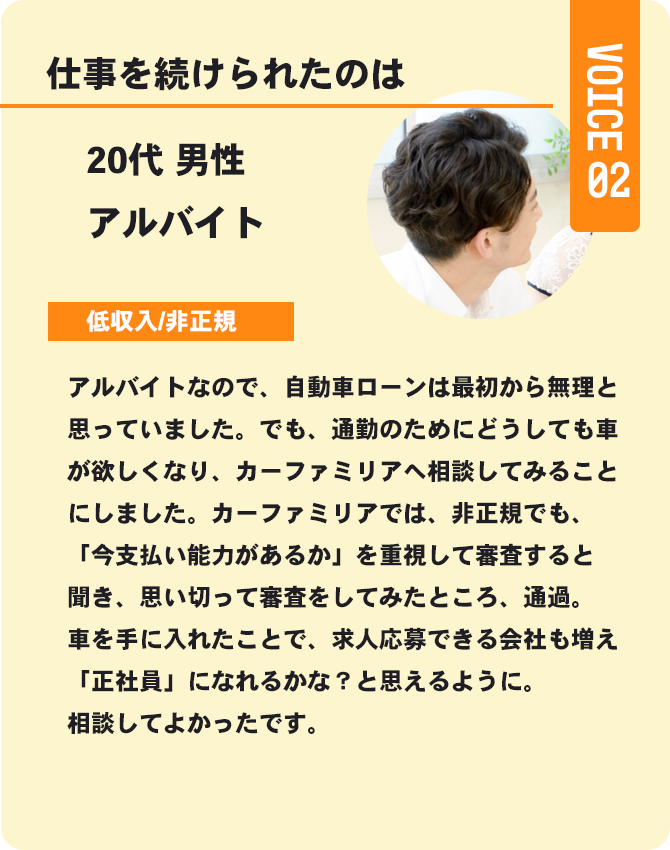 voice3 信用回復ローン/車購入したいが審査通らない与信情報の悪い方も理想の車に乗れる!カーファミリア|FRONT